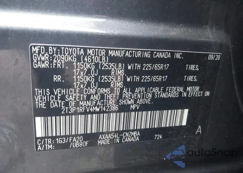 2021 Toyota Rav4 Xle z USA, uszkodzony, nr VIN 2T3P1RFV4MW142386